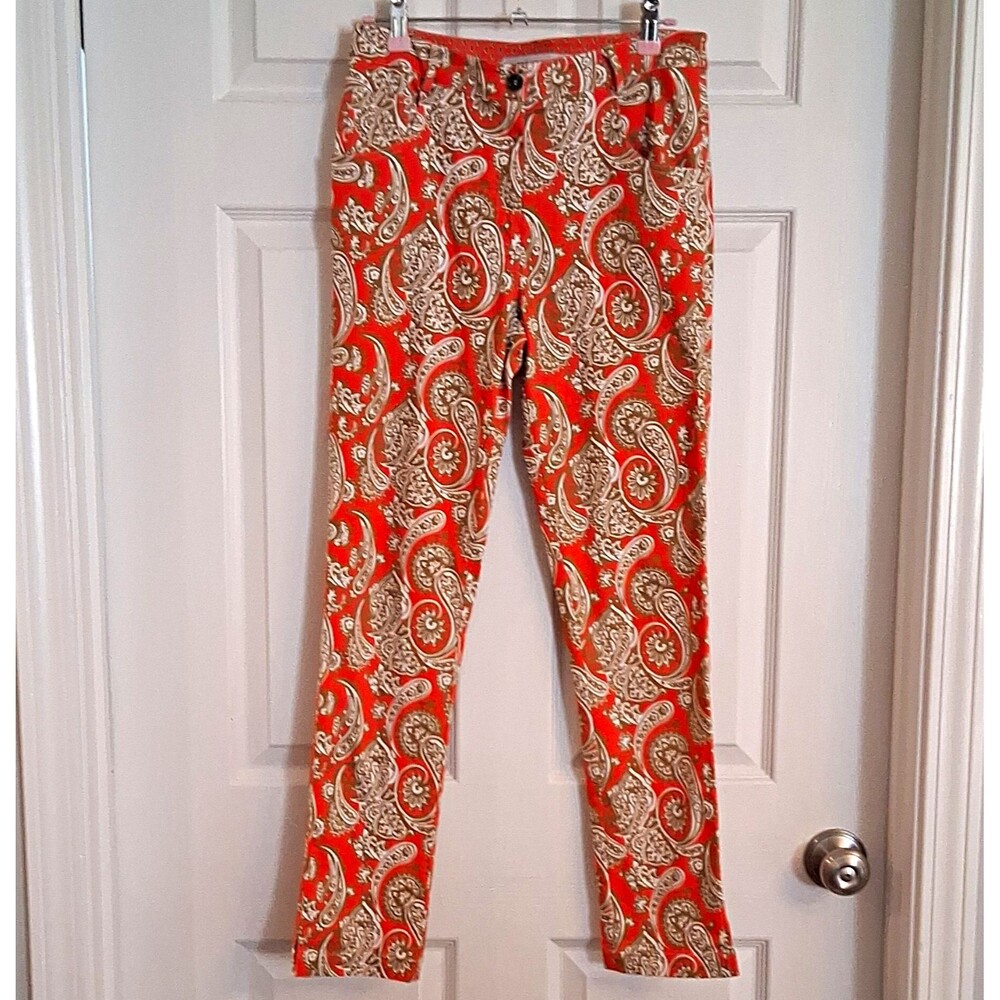 Gretchen Scott Paisley Skinny Pants Orange Brown Twill Pockets Size S 29"